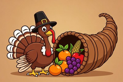 Cartoon Turkey with Pilgrim Hat Cornucopia