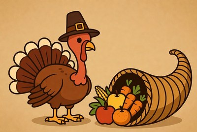 Turkey with Pilgrim Hat and Cornucopia