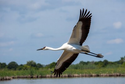 Whooping Crane Flying over Marsh