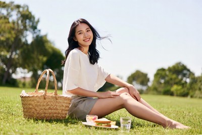 Asian woman picnicking on grass