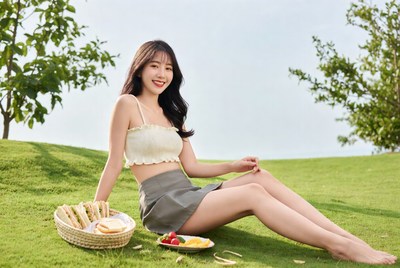 Asian woman picnic on grass