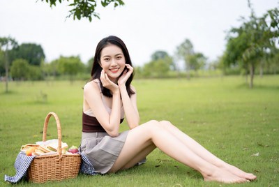 Asian woman with picnic basket in grass