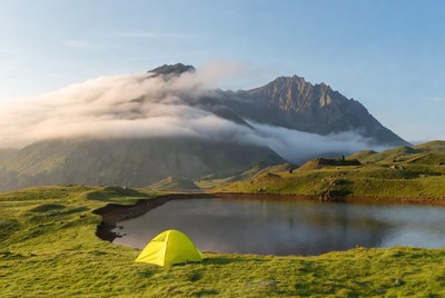 Yellow tent by mountain lake