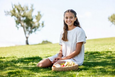 Girl with fruit basket on grass