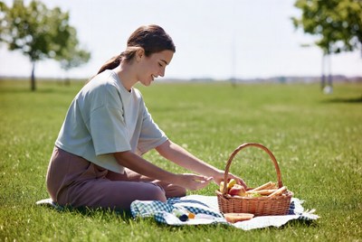 Woman picking carrots from picnic basket