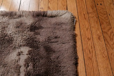 Gray shag rug on hardwood floor