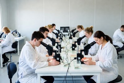 Students using microscopes in lab