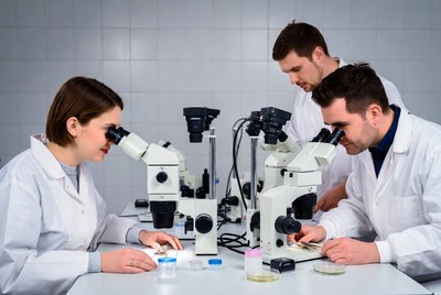 Scientists using microscopes in lab