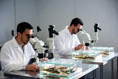 Scientists Examining Fish Under Microscopes