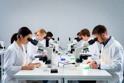 Scientists using microscopes in lab