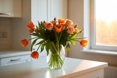 Orange Tulips in Glass Vase