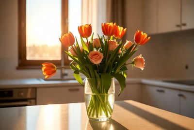 Orange and Pink Tulips in Glass Vase