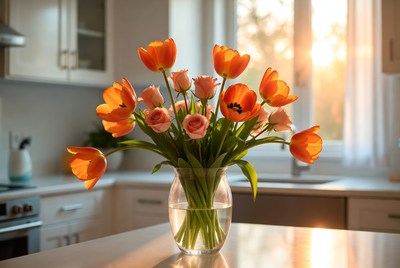 Orange Tulips in Glass Vase
