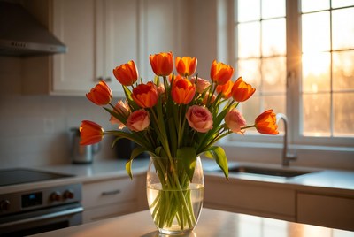 Orange Tulips Bouquet in Kitchen