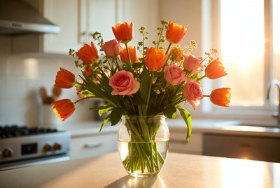 Orange Tulips and Roses in Vase