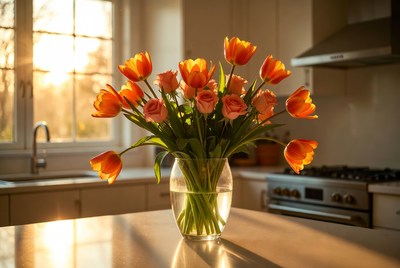 Orange Tulips in Vase on Kitchen Counter