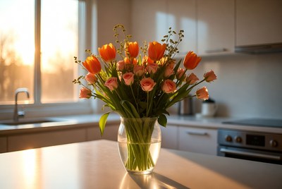 Orange Tulips in Vase on Kitchen Counter