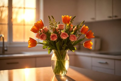 Orange Tulips Bouquet in Kitchen Window