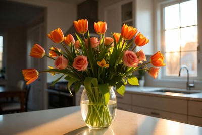 Orange Tulips and Pink Roses Bouquet