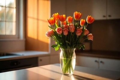 Orange and Pink Tulips in Vase