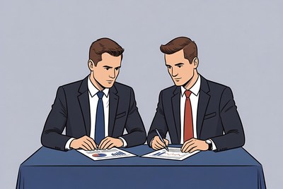 Two businessmen signing documents