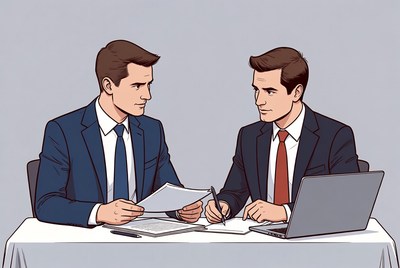 Two businessmen discussing documents