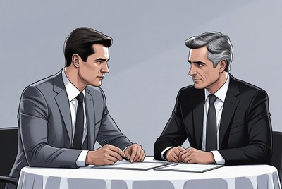 Two businessmen signing contract illustration