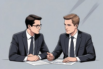 Two businessmen shaking hands over documents