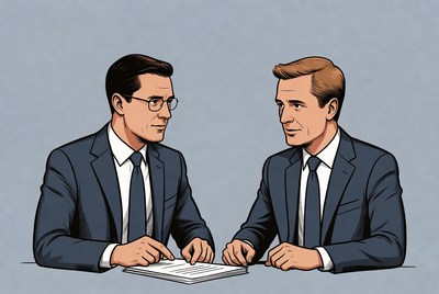 Two businessmen reviewing documents