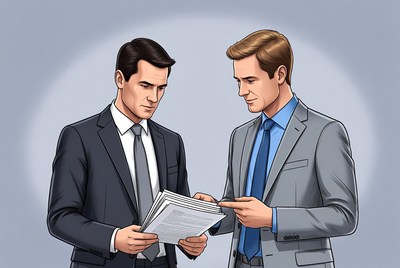 Two businessmen discussing documents
