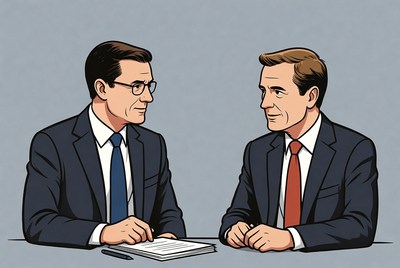 Two businessmen discussing documents