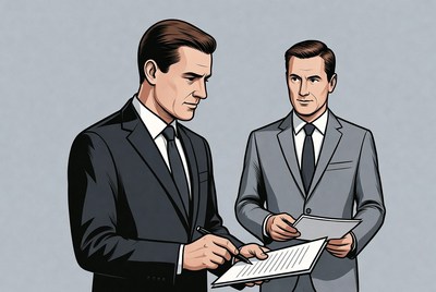 Two businessmen signing document