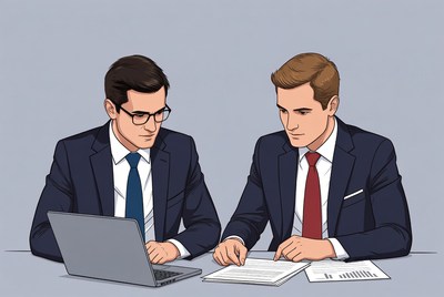 Two businessmen reviewing documents on laptop