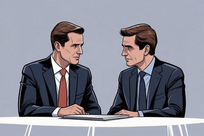 Two businessmen discussing at table