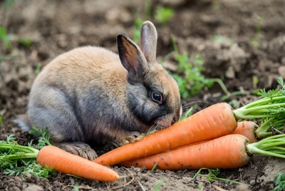 Rabbit eating carrots in garden