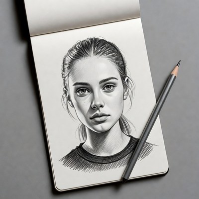 Pencil sketch of young woman in sketchbook