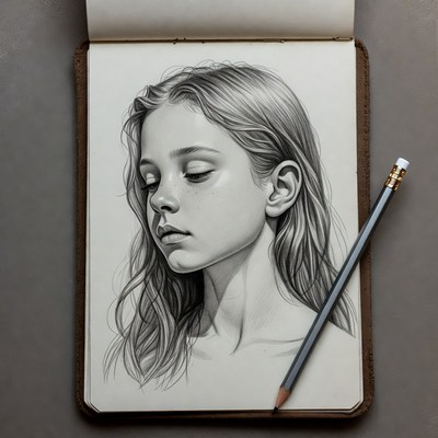 Pencil drawing of young girl portrait