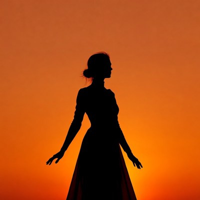 Woman silhouette in flowing dress at sunset