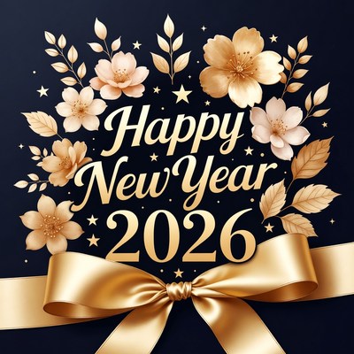 Happy New Year 2026 Gold Flowers