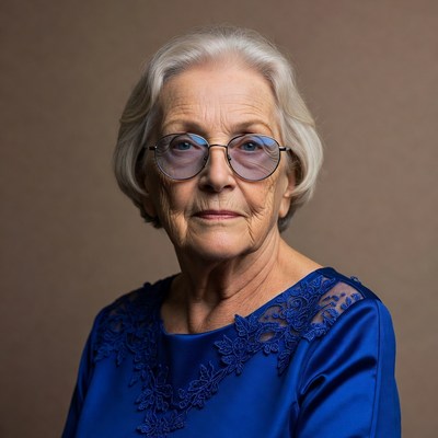 Elderly woman in blue lace top