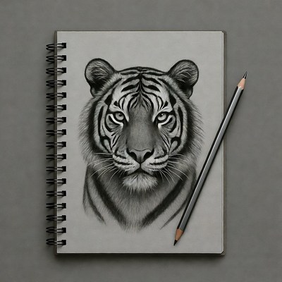 Tiger sketch in open sketchbook