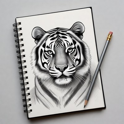 Tiger sketch in sketchbook with pencil
