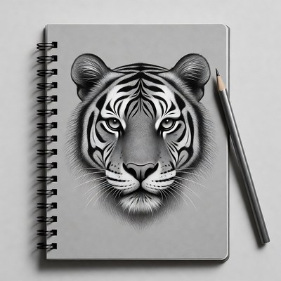 Tiger Face on Notebook with Pencil