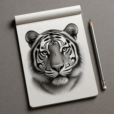 Tiger head sketch on notepad