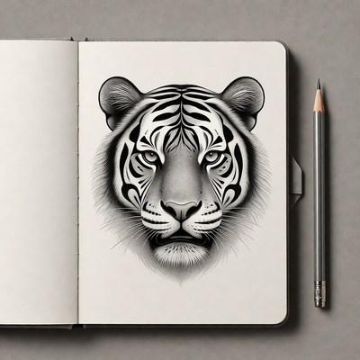 Tiger head sketch in sketchbook