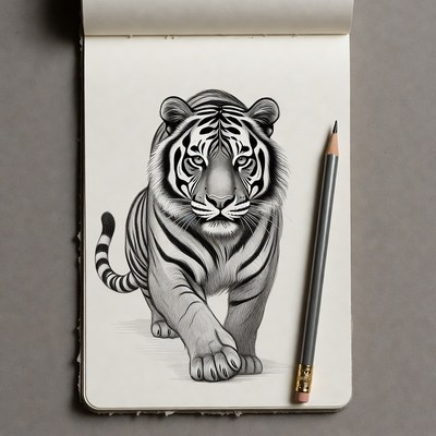 Pencil Sketch of Tiger on Sketchbook