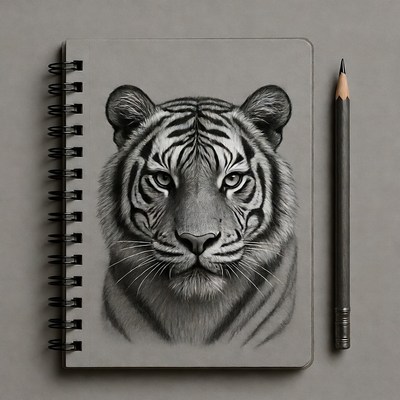 Tiger sketch on notebook with pencil