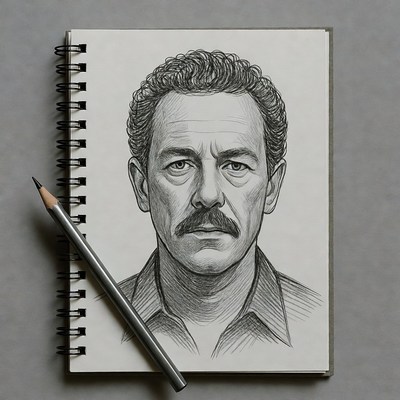 Pencil sketch of man with mustache in sketchbook