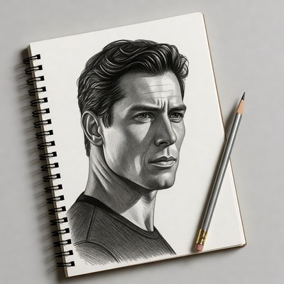 Pencil sketch of handsome man in sketchbook
