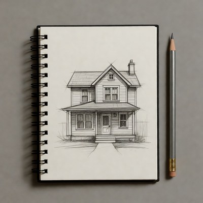 Pencil Sketch of House in Notebook